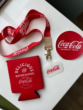Coca-Cola Red & White Logo Lanyard, Can Cooler, Tag & Round Sticker Set